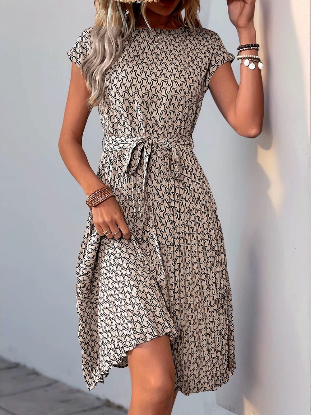 NWOT Beige Printed Midi Dress with Waist Tie